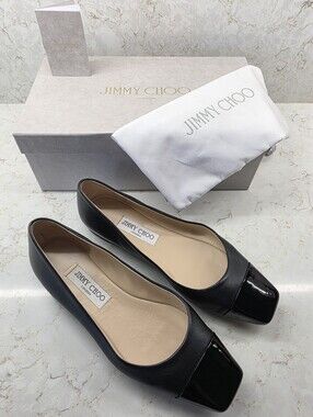 Jimmy Choo Black Leather Square-Toe Ballet Flats with Patent Cap